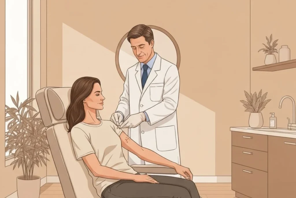 Medical professional administering an injection to a patient in a clinic setting
