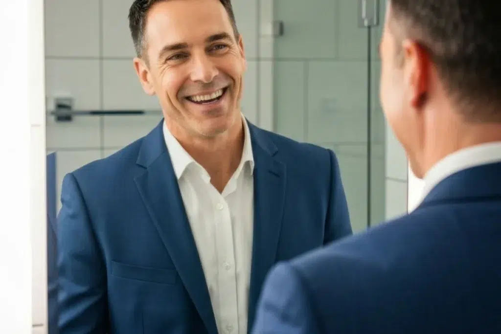 Smiling man in suit facing mirror
