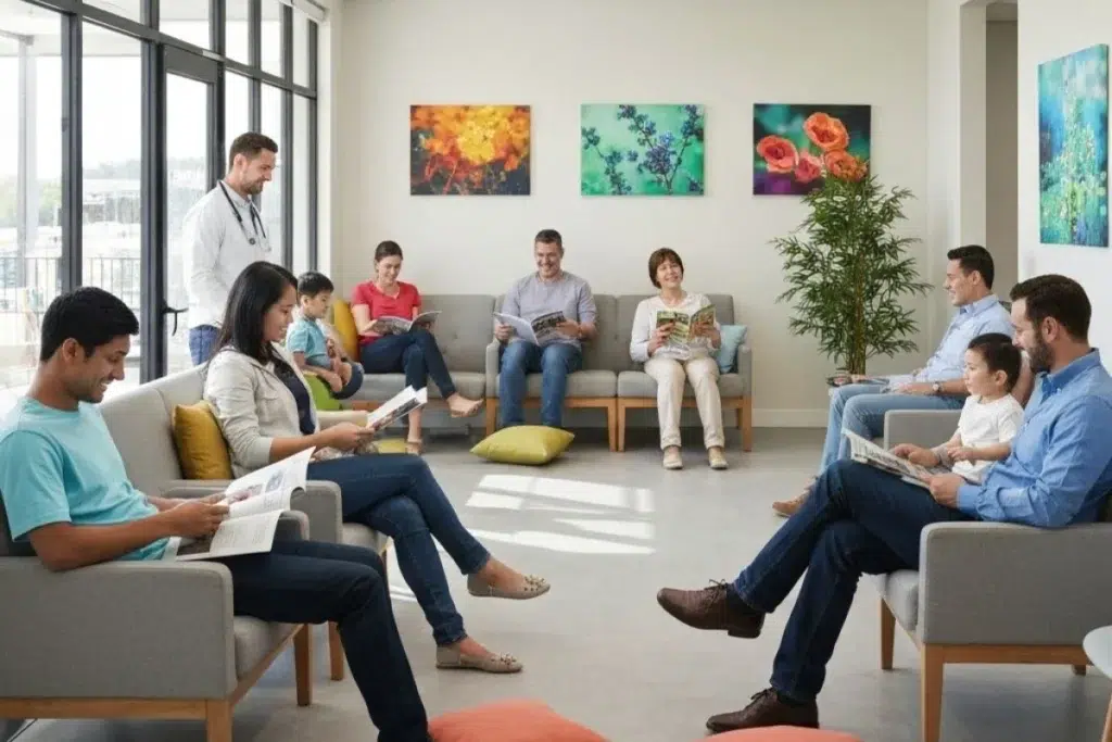 A calm clinic waiting room where patients are seated comfortably