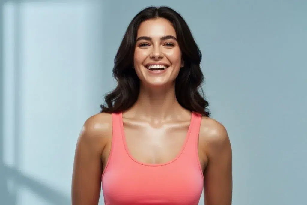 Smiling woman in pink athletic top