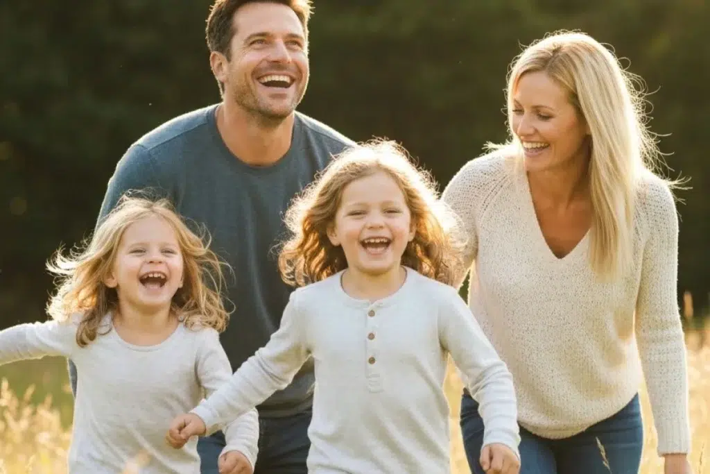 Happy family running together outdoors laughing