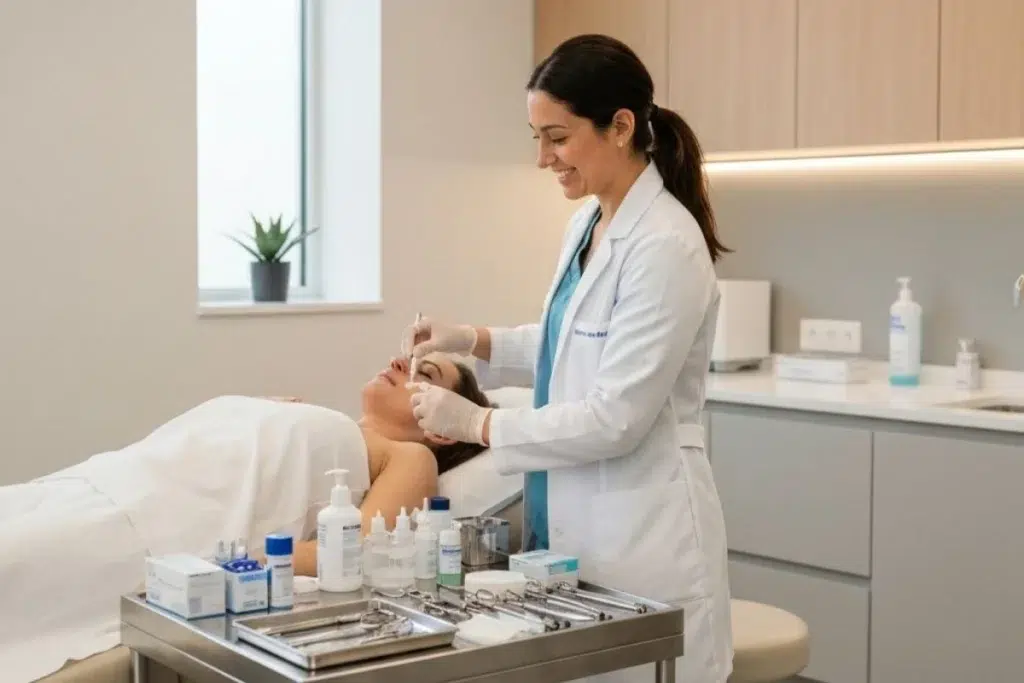 Aesthetic practitioner performing facial treatment in clinic