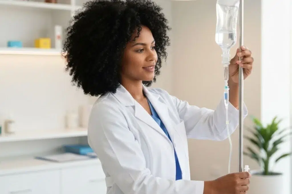 Nurse adjusting intravenous drip in clinic