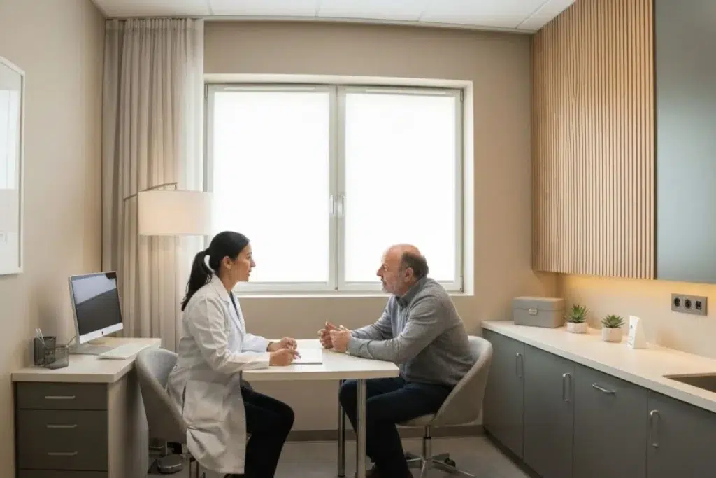 Doctor consulting elderly patient in clinic office